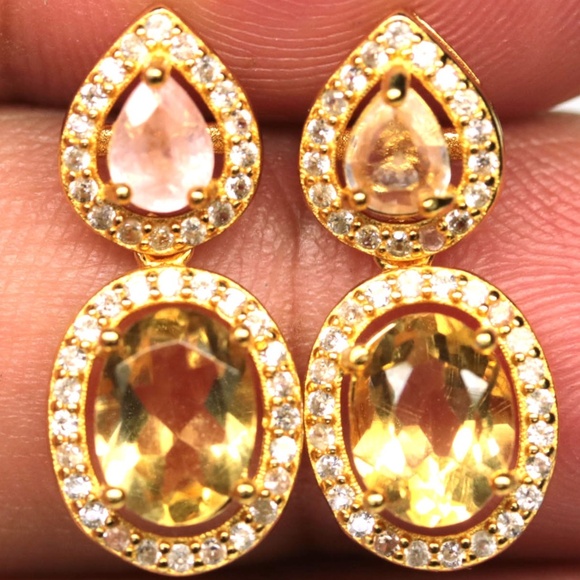 925 Sterling Silver 6 x 8 mm. Yellow Citrine, Sapphire & Zircon Earrings - Picture 1 of 3